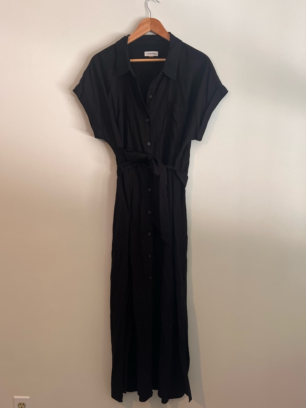 Calvin Klein Black Maxi Linen Shirt Dress with Tie Waist